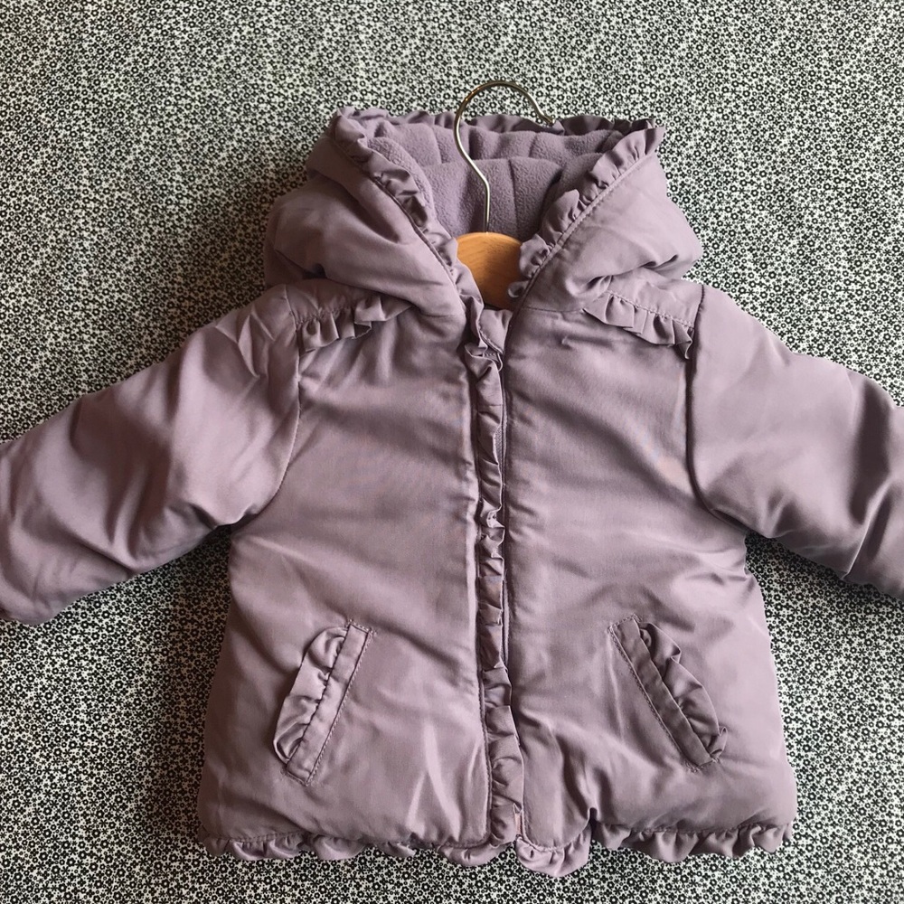 6-9 Months Baby Girls purple lilac fleece lined ruffled puffer winter jacket